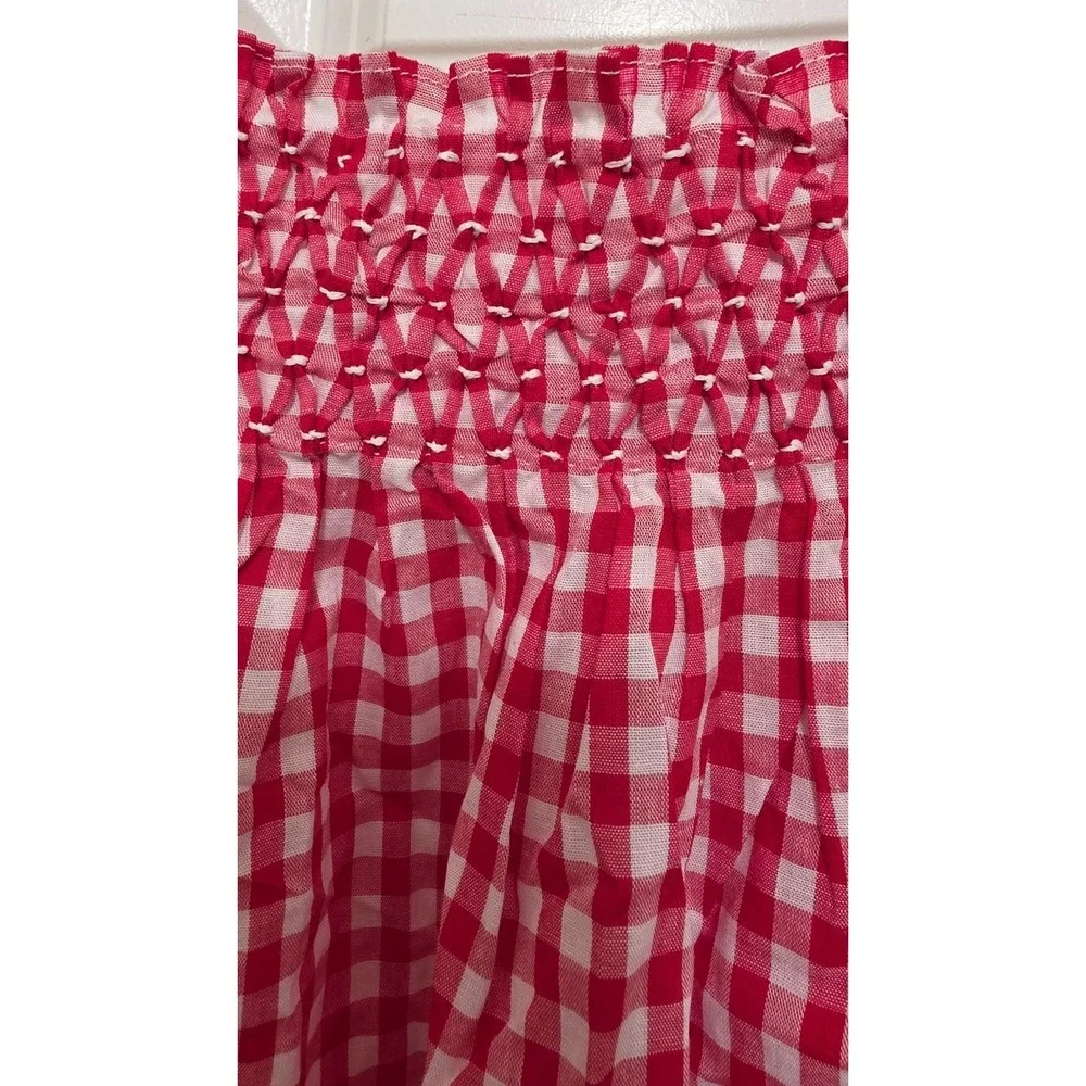 Red & White Gingham Smocked Apron Decorative Stitching & Side Pocket